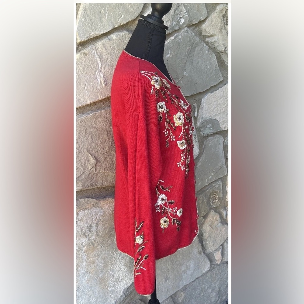 Vintage Carolina Colours Cardigan Sweater Small Red Embroidered Beaded Floral - Picture 2 of 12